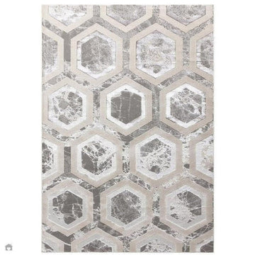 Aurora AU12 Crystal Modern Geometric Hexagonal Distressed Metallic Shimmer Textured High-Density Soft Smooth Low Profile Polyblend Short-Pile Silver/Grey/Beige/Ivory/Charcoal Grey Rug-Asiatic Carpets-Rug Love - The Most Loved Rug Store